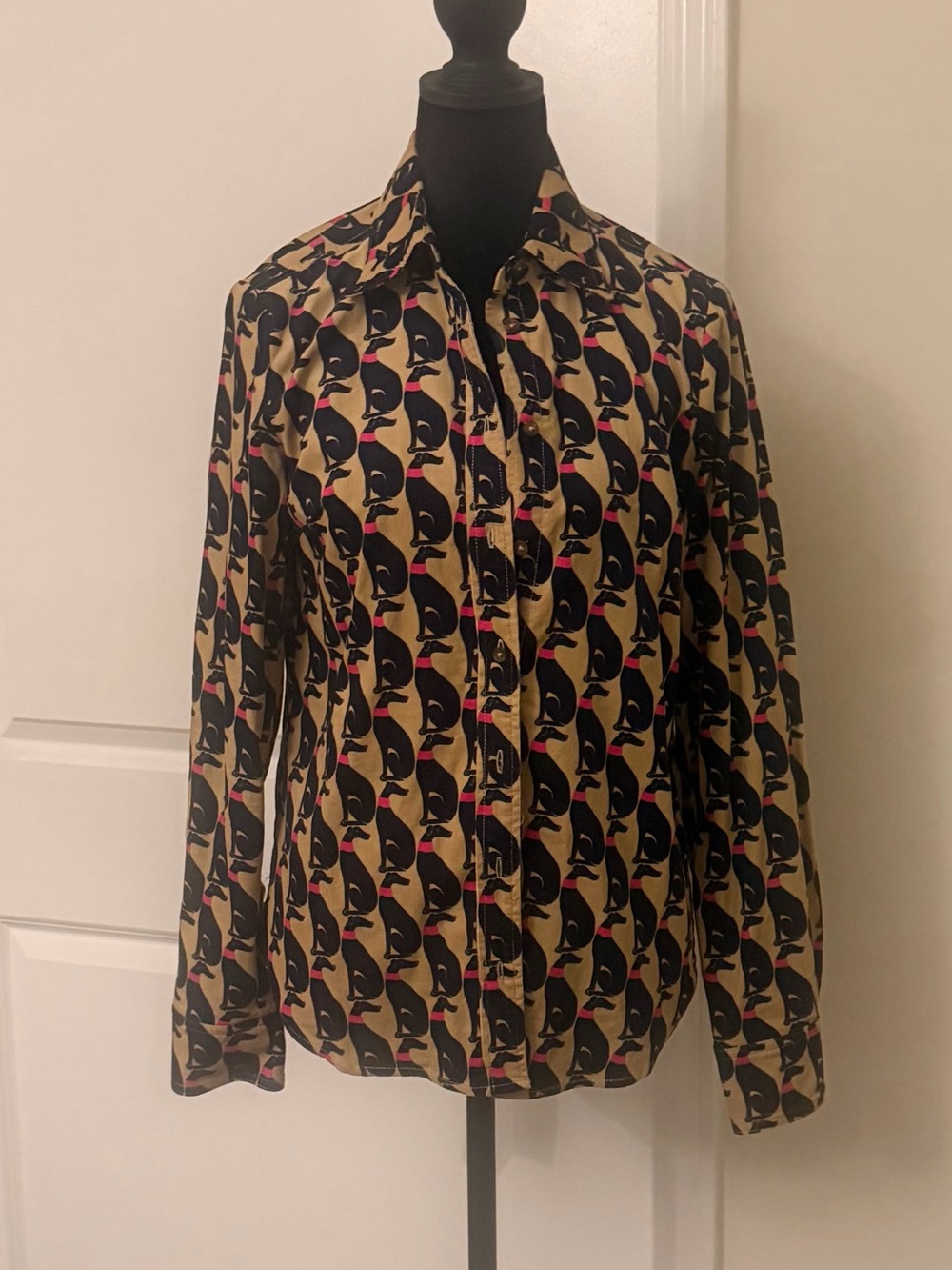 Boden Beige Button-Down Shirt with navy blue and Pink Motif